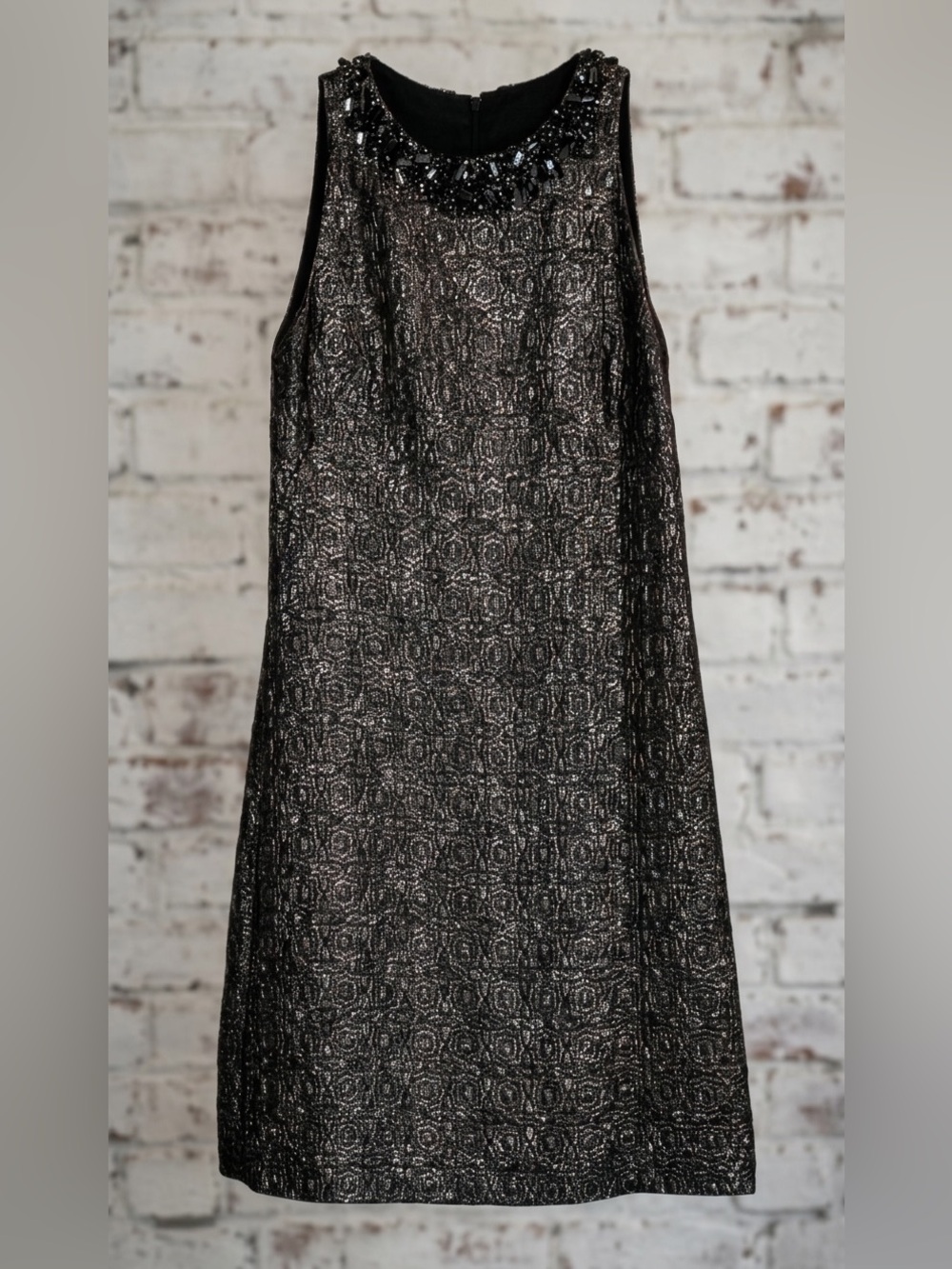 MAGGY LONDON Black Metallic Brocade Beaded Neck Mini Dress